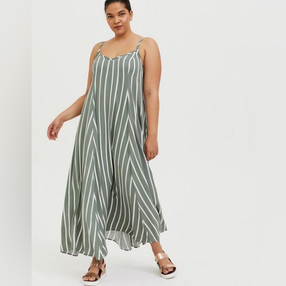 Torrid Green and White Striped Challis Trapeze Maxi Dress